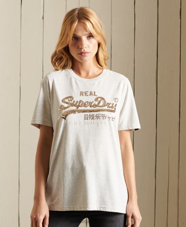 mujer Superdry beige camiseta con logo vintage y brillo bohemio 2R68Z6774