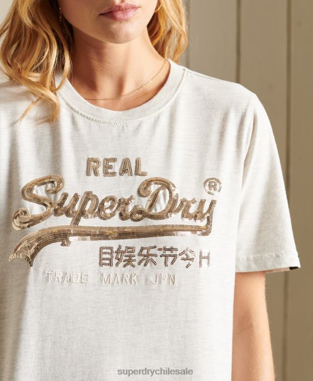 mujer Superdry beige camiseta con logo vintage y brillo bohemio 2R68Z6774