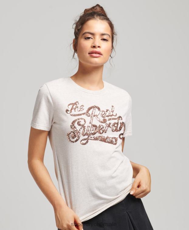 mujer Superdry beige la verdadera camiseta de entrada de lentejuelas 2R68Z2796