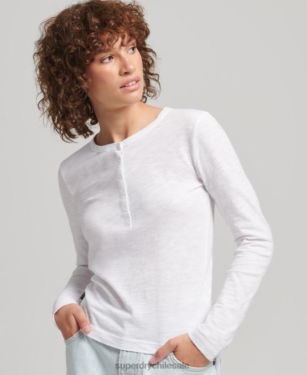 mujer Superdry blanco camiseta henley de jersey flameado de manga larga 2R68Z3001