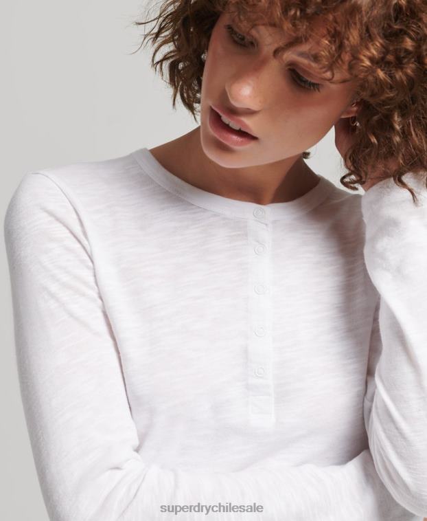 mujer Superdry blanco camiseta henley de jersey flameado de manga larga 2R68Z3001