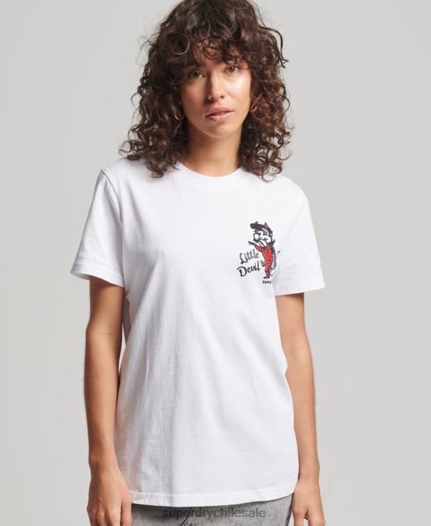 mujer Superdry blanco camiseta vintage con estrás y líneas cruzadas 2R68Z2823