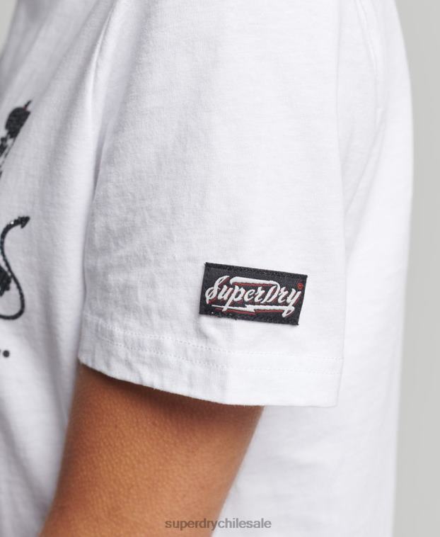 mujer Superdry blanco camiseta vintage con estrás y líneas cruzadas 2R68Z2823
