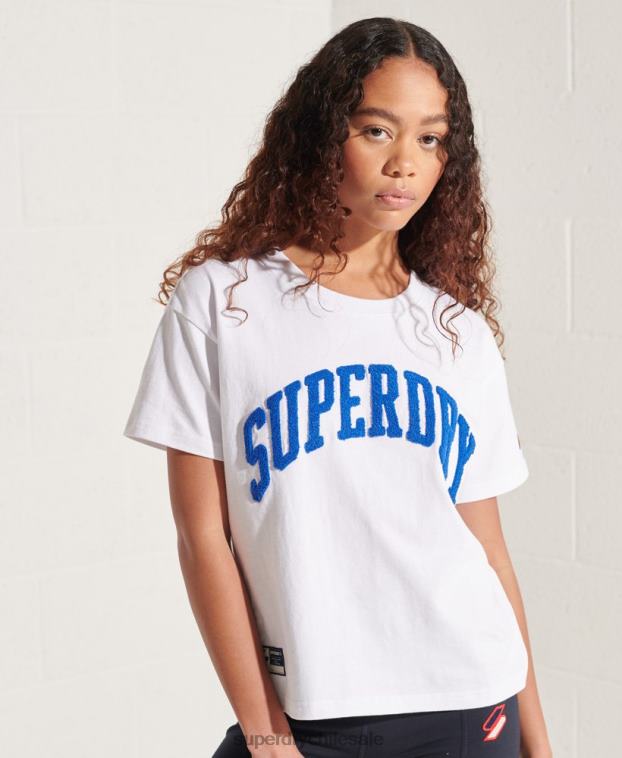 mujer Superdry blanco playera boxy con arco universitario 2R68Z6296