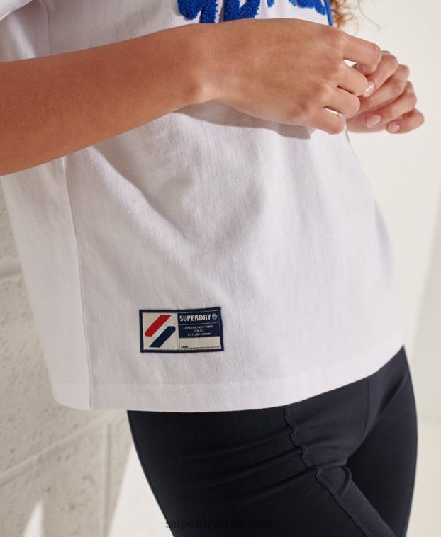 mujer Superdry blanco playera boxy con arco universitario 2R68Z6296