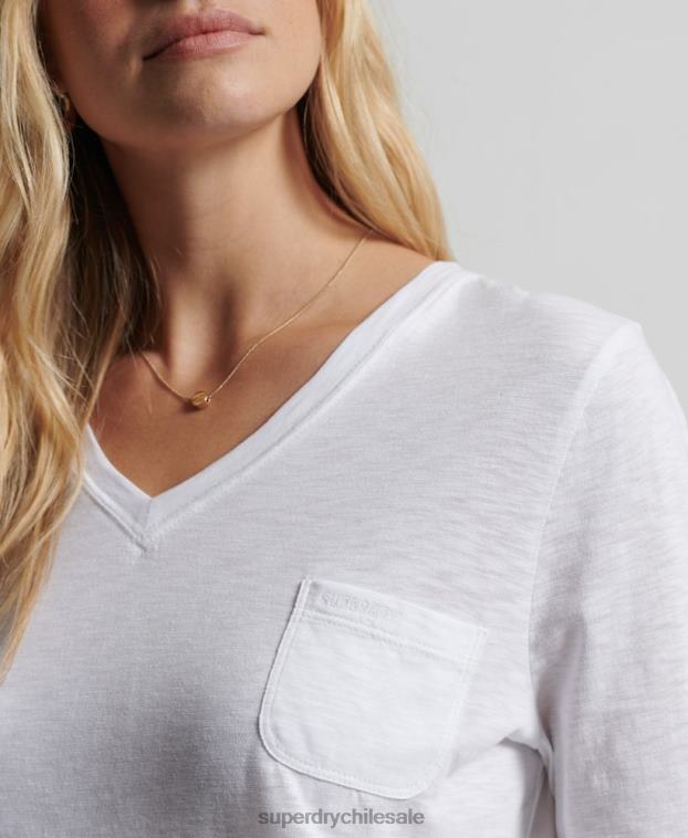 mujer Superdry blanco top de manga larga con cuello de pico y bolsillo de algodón orgánico 2R68Z6556