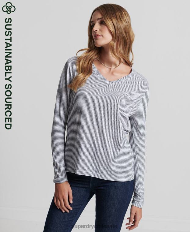 mujer Superdry blanco top de manga larga con cuello de pico y bolsillo de algodón orgánico 2R68Z6583