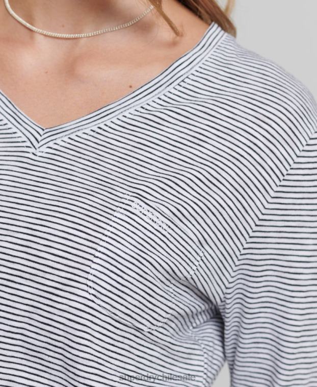 mujer Superdry blanco top de manga larga con cuello de pico y bolsillo de algodón orgánico 2R68Z6583