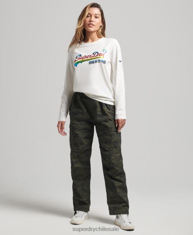mujer Superdry blanco top de manga larga con logo vintage y arcoíris 2R68Z3070