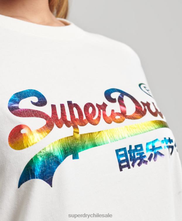 mujer Superdry blanco top de manga larga con logo vintage y arcoíris 2R68Z3070