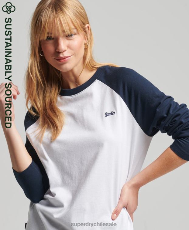 mujer Superdry blanco top de manga larga de béisbol vintage de algodón orgánico 2R68Z6628