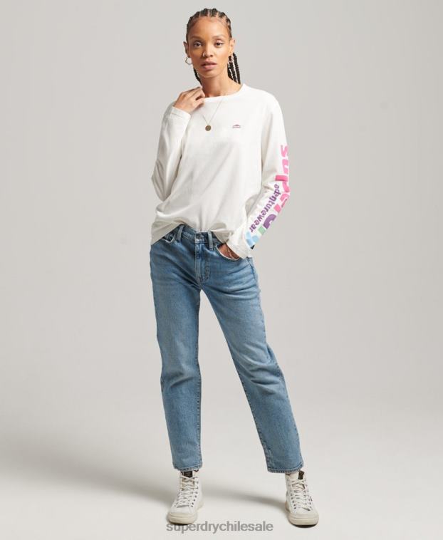mujer Superdry blanco top de manga larga de terreno de los años 90 2R68Z6745