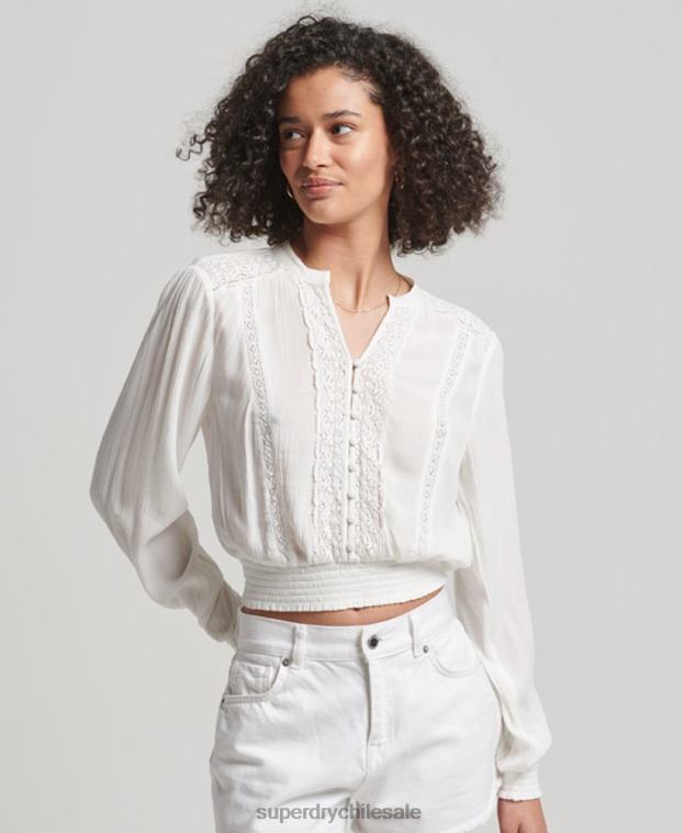 mujer Superdry crema blusa de manga larga con ribete de encaje 2R68Z2270