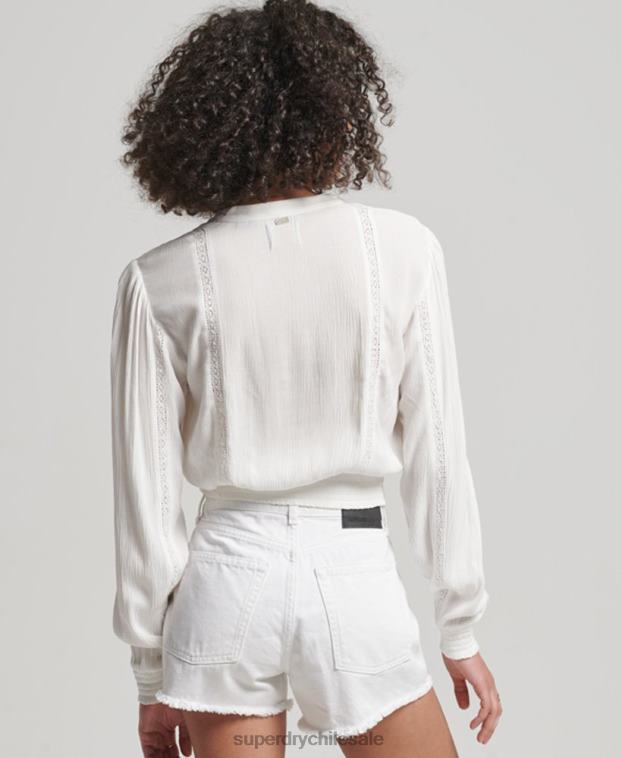 mujer Superdry crema blusa de manga larga con ribete de encaje 2R68Z2270