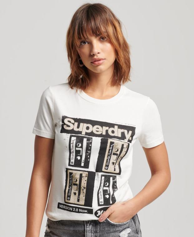 mujer Superdry crema camiseta con póster de baja fidelidad 2R68Z2688