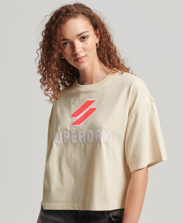 mujer Superdry crema playera boxy con código apilado 2R68Z2776