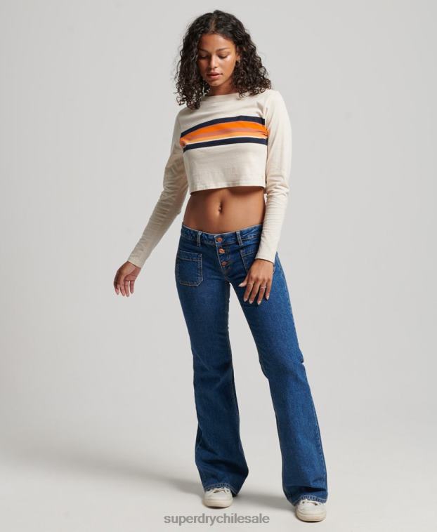 mujer Superdry crema top corto de manga larga con rayas vintage de algodón orgánico 2R68Z2932