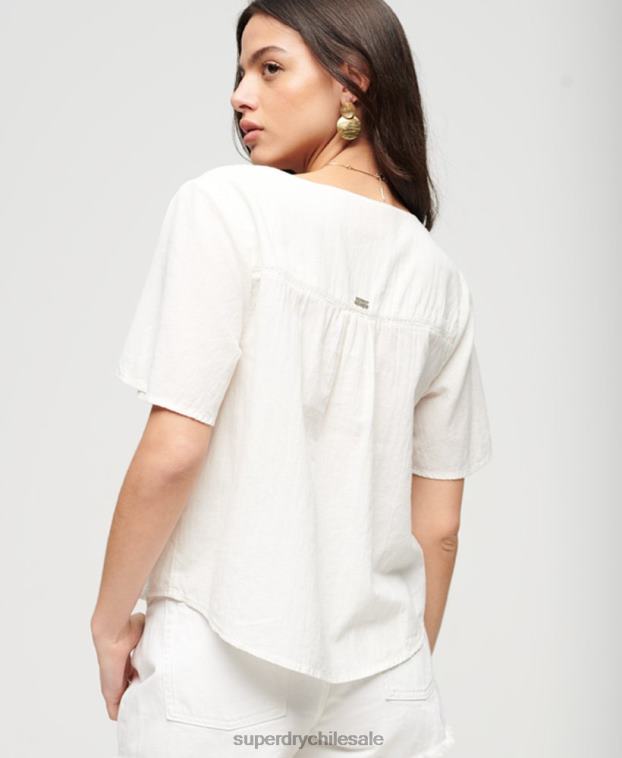 mujer Superdry crema top de manga corta con botones bordados 2R68Z2078