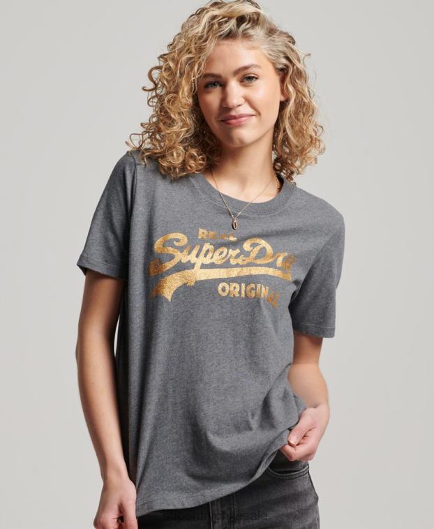 mujer Superdry gris camiseta coll de algodón orgánico con logo vintage 2R68Z2249