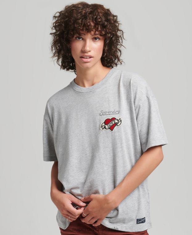 mujer Superdry gris camiseta holgada con parche del logo de los años 90 2R68Z6247