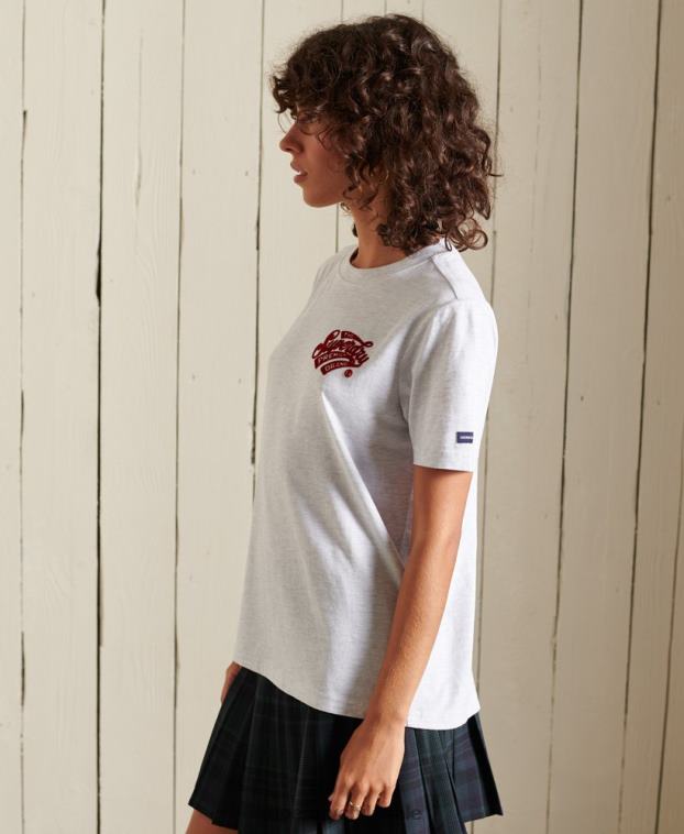 mujer Superdry gris claro camiseta flocada universitaria estilo script 2R68Z2775