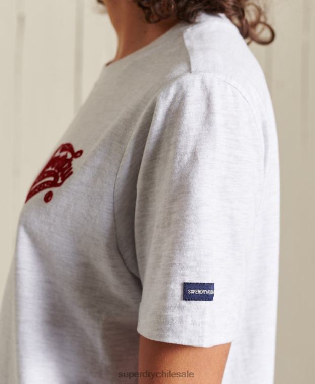 mujer Superdry gris claro camiseta flocada universitaria estilo script 2R68Z2775