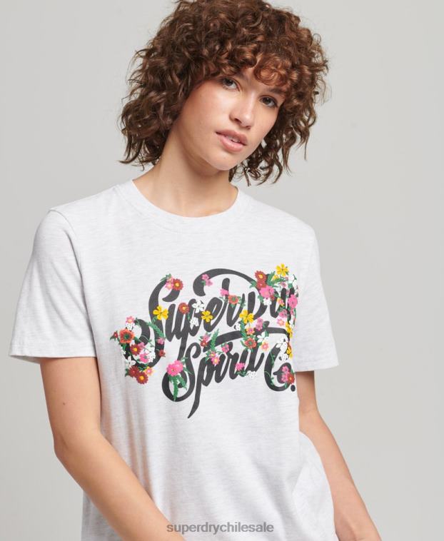 mujer Superdry gris claro camiseta floral estilo script 2R68Z6277