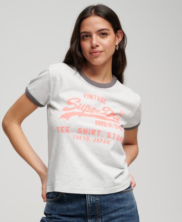 mujer Superdry gris claro playera con logo vintage neón 2R68Z2632