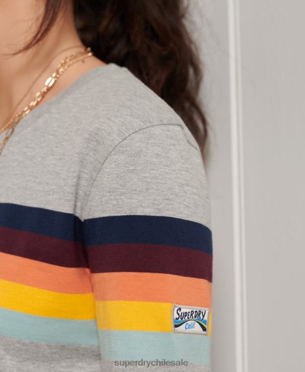 mujer Superdry gris claro top de manga larga con rayas cali de algodón orgánico 2R68Z6781