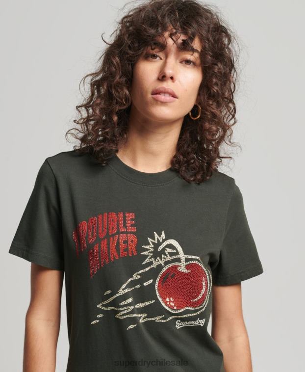mujer Superdry gris oscuro camiseta vintage con estrás y líneas cruzadas 2R68Z2786