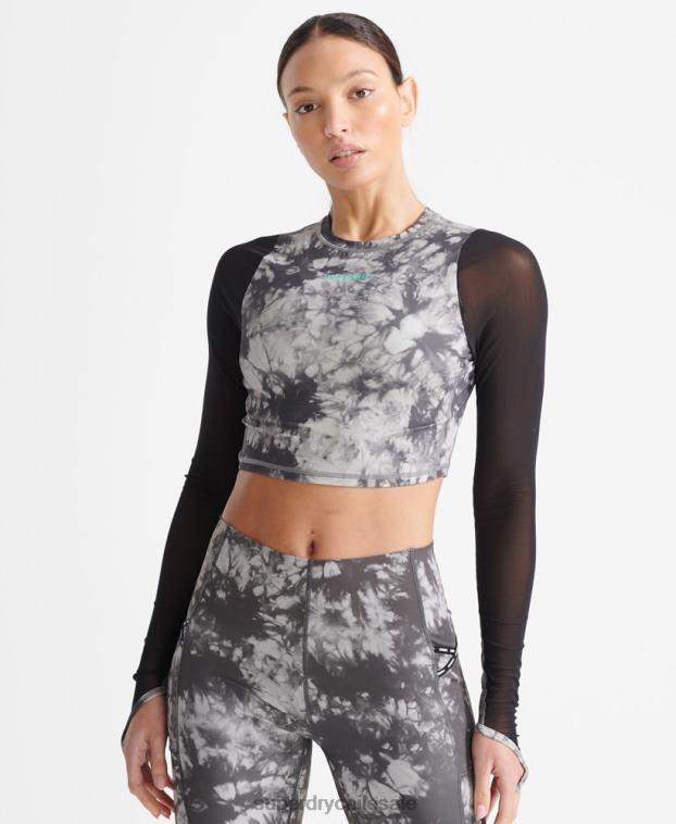 mujer Superdry gris top corto de malla de manga larga 2R68Z4205