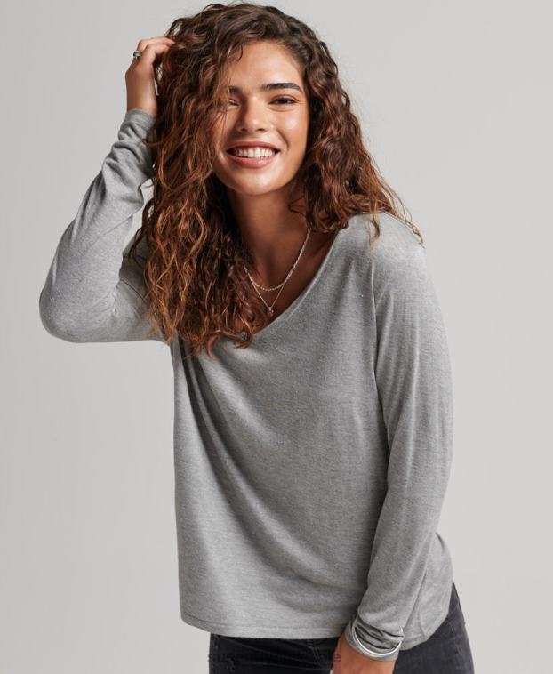 mujer Superdry gris top de manga larga con cuello en V 2R68Z6736