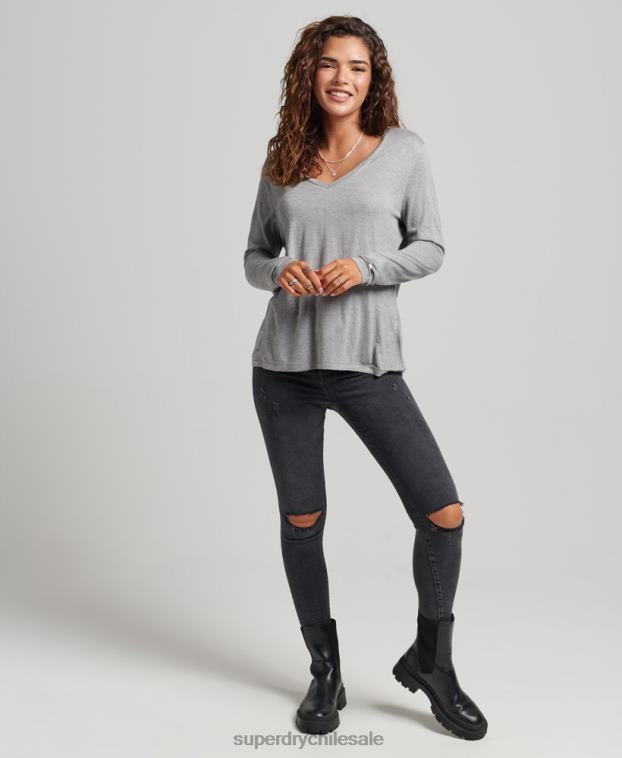mujer Superdry gris top de manga larga con cuello en V 2R68Z6736