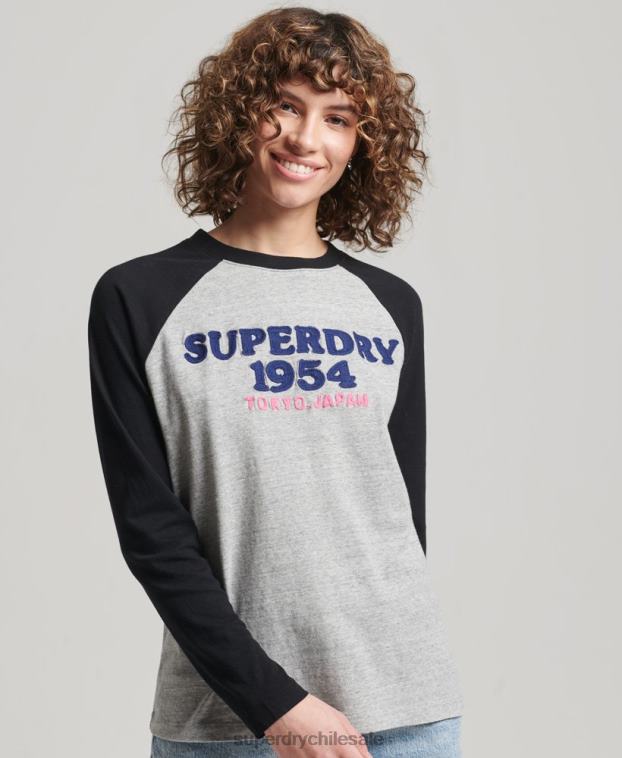 mujer Superdry gris top de manga larga raglán con logo vintage 2R68Z2136