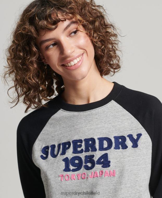 mujer Superdry gris top de manga larga raglán con logo vintage 2R68Z2136