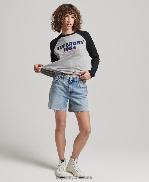 mujer Superdry gris top de manga larga raglán con logo vintage 2R68Z2136