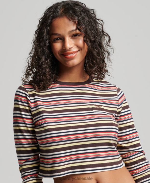 mujer Superdry marrón top corto de manga larga con rayas vintage de algodón orgánico 2R68Z2948
