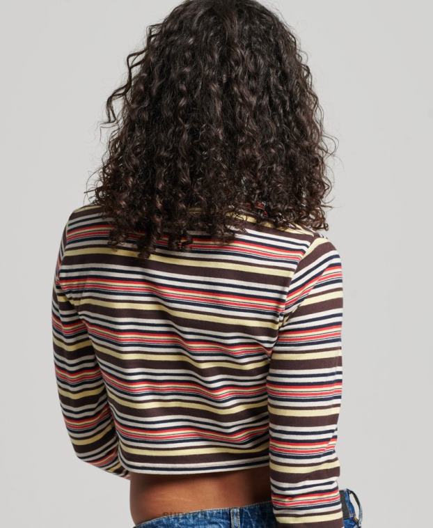 mujer Superdry marrón top corto de manga larga con rayas vintage de algodón orgánico 2R68Z2948