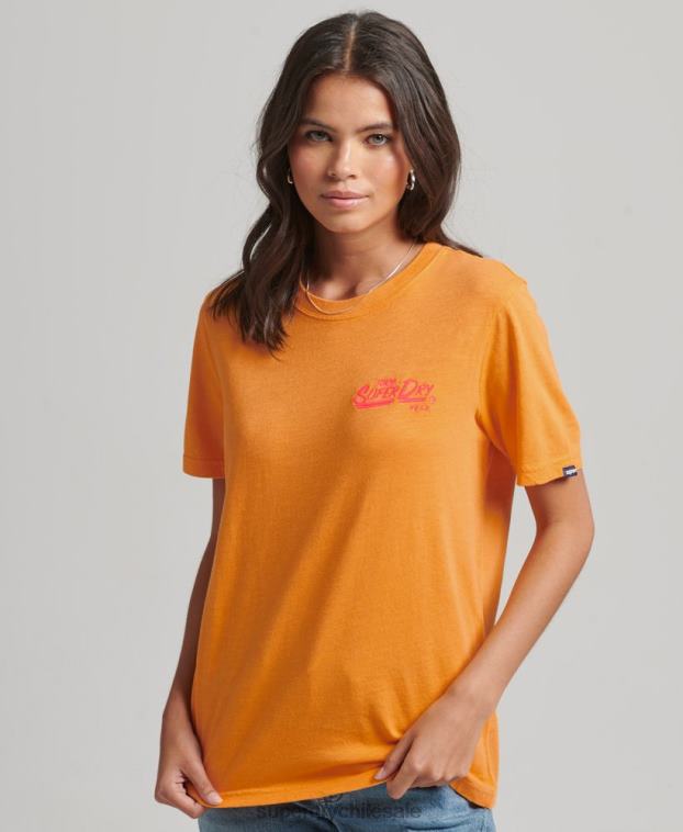 mujer Superdry naranja camiseta neón estilo script 2R68Z2761