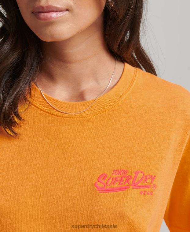 mujer Superdry naranja camiseta neón estilo script 2R68Z2761