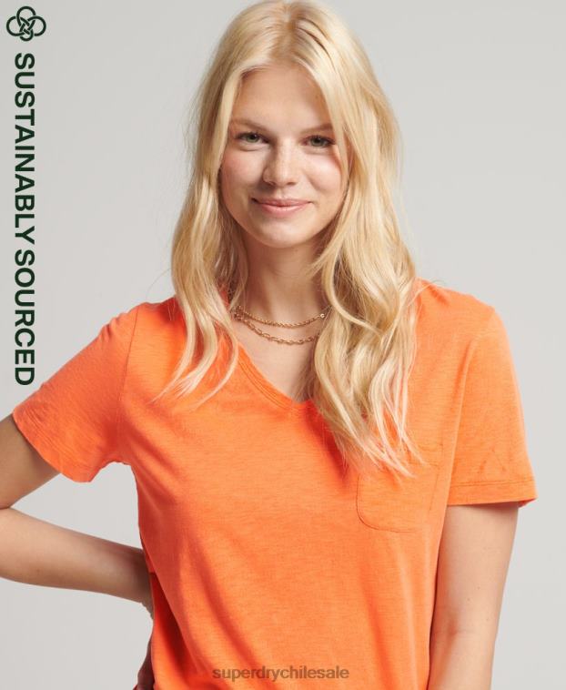 mujer Superdry naranja playera con cuello en V y bolsillo de algodón orgánico 2R68Z2826
