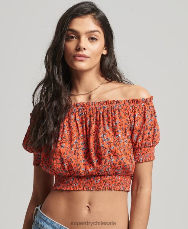 mujer Superdry naranja top corto de manga corta con nido de abeja 2R68Z2110