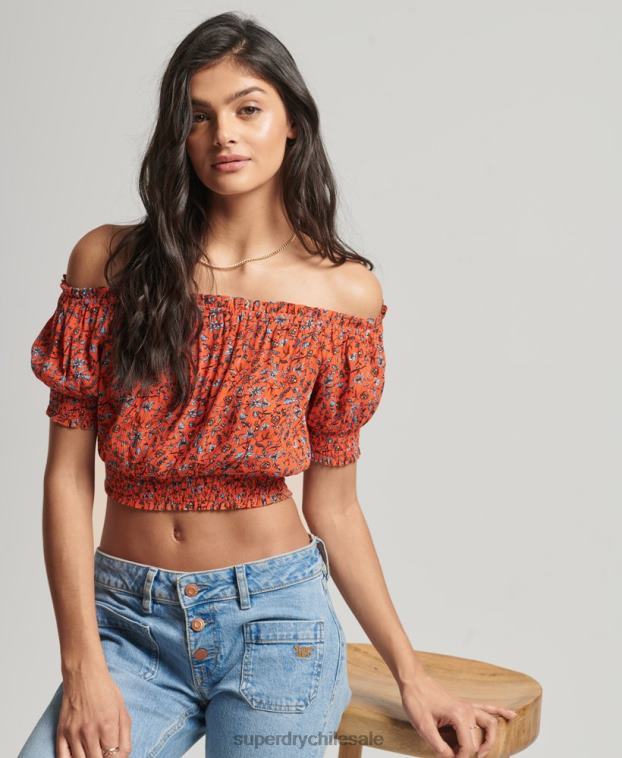 mujer Superdry naranja top corto de manga corta con nido de abeja 2R68Z2110
