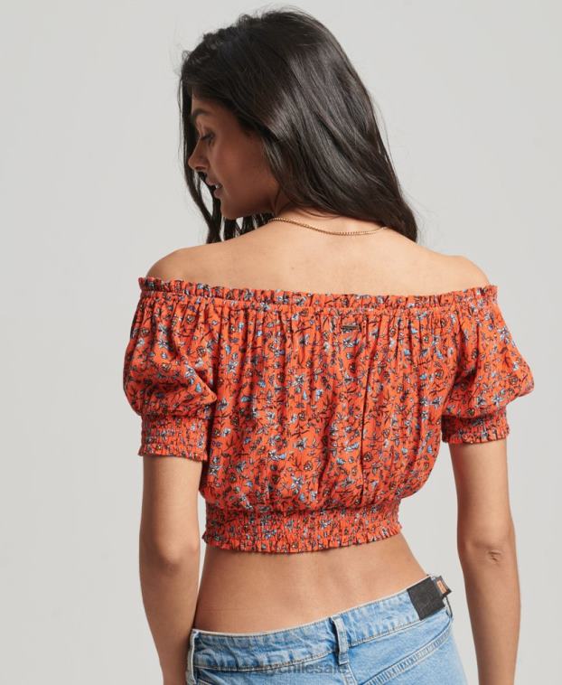 mujer Superdry naranja top corto de manga corta con nido de abeja 2R68Z2110