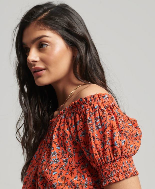 mujer Superdry naranja top corto de manga corta con nido de abeja 2R68Z2110