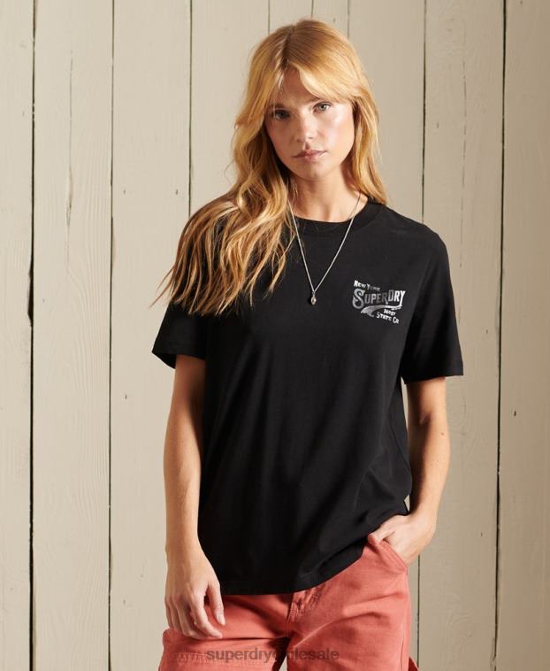 mujer Superdry negro camiseta con estampado de ropa de trabajo estilo script 2R68Z6275