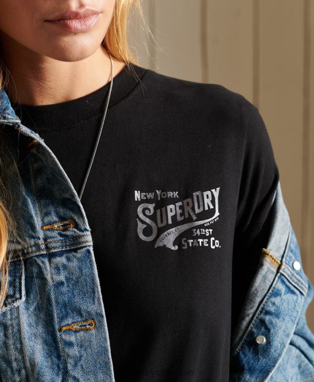 mujer Superdry negro camiseta con estampado de ropa de trabajo estilo script 2R68Z6275