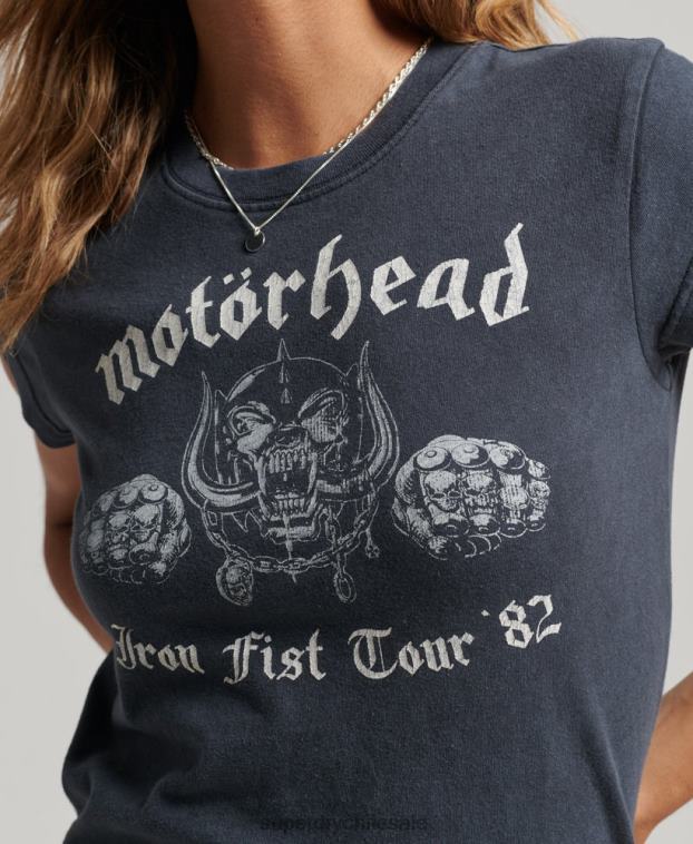 mujer Superdry negro playera con banda de manga casquillo de motorhead 2R68Z2620