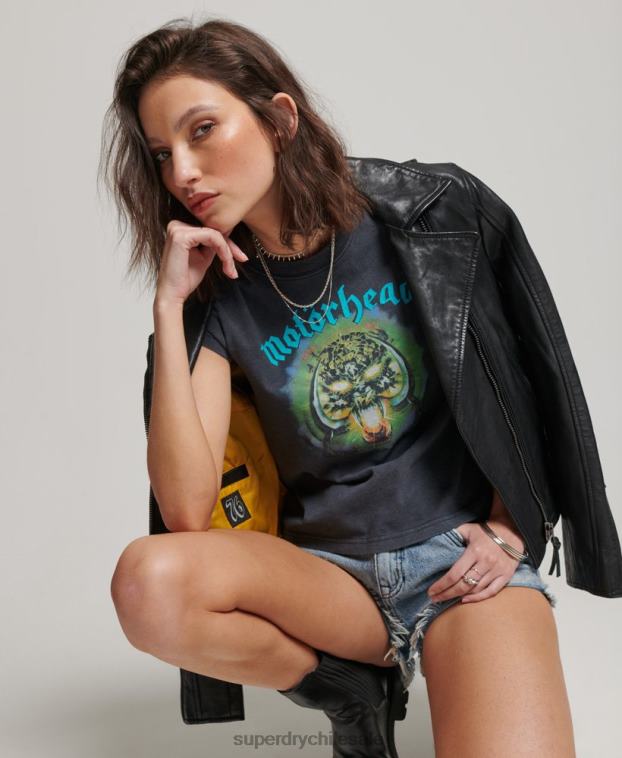 mujer Superdry negro playera con banda de manga casquillo de motorhead 2R68Z2642