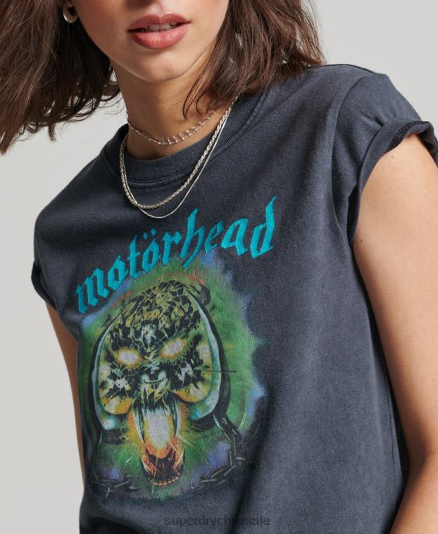 mujer Superdry negro playera con banda de manga casquillo de motorhead 2R68Z2642